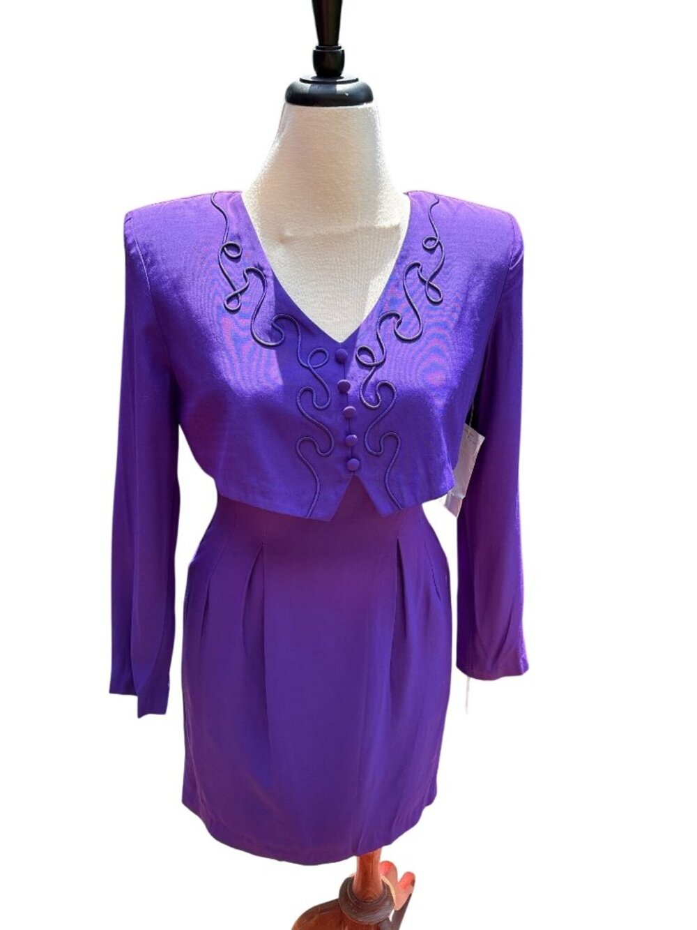 Vintage 80s Purple Long-Sleeve Dress Button Front Pleated Skirt Size 7/8 USA